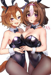 Rule 34 | 2girls, absurdres, ahoge, animal ears, bare shoulders, black legwear, black leotard, bow, bowtie, breasts, brown hair, chan hone pkpk, commentary request, covered navel, cowboy shot, dated, detached collar, ear piercing, ears down, fake animal ears, hairband, highres, holding hands, horse ears, horse girl, horse tail, large breasts, leotard, looking at viewer, medium hair, meisho doto (umamusume), multicolored hair, multiple girls, open mouth, pantyhose, piercing, playboy bunny, purple eyes, rabbit ears, rabbit tail, short hair, simple background, small breasts, streaked hair, t.m. opera o (umamusume), tail, umamusume, white background, wrist cuffs