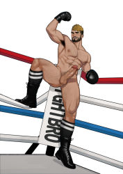 Rule 34 | 1boy, abs, arm hair, bara, bare pectorals, beard, body hair, boxing gloves, completely nude, erection, facial hair, koji (wildlhz), male focus, mature male, muscular, muscular male, nude, one eye closed, open mouth, original, pectorals, penis, socks, solo, uncensored