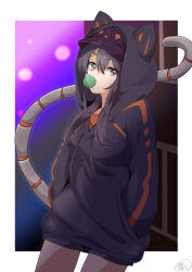 Rule 34 | 1girl, animal ear hood, baggy clothes, black hair, bubble blowing, casual, chewing gum, duel monster, fake animal ears, hands in pockets, hat under hood, highres, hood, hoodie, i:p masquerena, long hair, mechanical tail, mochi curry, official alternate costume, purple eyes, solo, tail, yu-gi-oh!