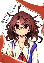 Rule 34 | 1girl, ahoge, baba (baba seimaijo), blouse, brown eyes, brown hair, collarbone, commentary request, earrings, glasses, highres, jewelry, looking at viewer, medium hair, neck ribbon, necklace, red-framed eyewear, ribbon, school uniform, shirt, solo focus, stud earrings, touhou, translation request, upper body, usami sumireko, vest, white background, white shirt