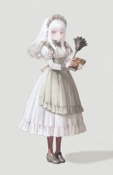 Rule 34 | 1girl, 21 (nijuichinichi), albino, alternate costume, apron, black apron, black footwear, book, closed mouth, dress, duster, enmaided, feather duster, fire emblem, fire emblem: three houses, frilled apron, frilled sleeves, frills, full body, grey background, holding, holding book, juliet sleeves, long hair, long sleeves, looking at viewer, lysithea von ordelia, maid, maid headdress, nintendo, pink eyes, puffy sleeves, red legwear, sidelocks, silver hair, simple background, solo, standing, white dress