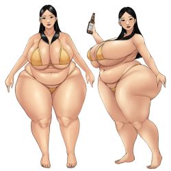 Rule 34 | 1girl, alcohol, ass, barefoot, belly, bikini, black eyes, black hair, blush, bottle, breasts, cleavage, curvy, drink, drunk, earrings, fat rolls, feet, female focus, flower, from side, hair ornament, hair over breasts, highres, hip focus, holding, huge ass, huge breasts, jewelry, legs, long hair, micro bikini, multiple views, navel, open mouth, original, plump, sideboob, simple background, smile, standing, swimsuit, thick thighs, thighs, thong, thong bikini, toroboro, white background, wide hips