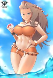 Rule 34 | 1girl, absurdres, artist name, breasts, brown hair, collarbone, creatures (company), curvy, game freak, green eyes, hand on own hip, highres, holding, holding poke ball, jewelry, kaos art, large breasts, long hair, looking at viewer, navel, necklace, nintendo, outdoors, patreon username, pearl necklace, poke ball, pokemon, pokemon sv, sada (pokemon), solo, stomach, strapless, sunlight, thighs, tube top, wading, water