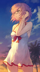 Rule 34 | 1girl, bare shoulders, beach, blue sky, breasts, collarbone, dress swimsuit, fate/grand order, fate (series), glasses, gradient sky, hair over one eye, hand in own hair, highres, large breasts, light purple hair, mash kyrielight, mash kyrielight (swimsuit of perpetual summer), official alternate costume, one-piece swimsuit, orange sky, palm tree, purple eyes, see-through silhouette, short hair, sky, smile, sunset, swimsuit, tesin (7aehyun), tree, twilight, white one-piece swimsuit