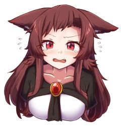 Rule 34 | 1girl, animal ears, blush, breasts, brooch, brown hair, collarbone, commentary, cropped arms, cropped torso, english commentary, fang, flying sweatdrops, imaizumi kagerou, jewelry, looking at viewer, medium breasts, open mouth, red eyes, simple background, solo, tears, touhou, upper body, wolf ears, wool (miwol)