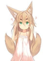 Rule 34 | 1girl, ?, animal ears, bare arms, bare shoulders, blonde hair, blue eyes, blush, closed mouth, commentary request, dress, fox ears, fox tail, hair between eyes, hands up, highres, looking at viewer, multiple tails, original, pink dress, simple background, sketch, solo, standing, tail, upper body, white background, yoshizawa tsubaki