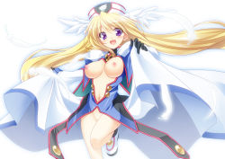 Rule 34 | 00s, 1girl, blonde hair, blush, breasts, cape, feathers, hat, head wings, long hair, looking at viewer, mtu (orewamuzituda), navel, nipples, open mouth, purple eyes, simple background, skirt hold, smile, solo, ufo princess valkyrie, valkyrie (ufo princess valkyrie), very long hair, white background, wings