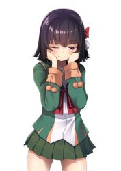 Rule 34 | 1girl, black hair, blunt bangs, blush, bow, closed mouth, green jacket, green skirt, hair bow, hands on own cheeks, hands on own face, ishigaki (kancolle), jacket, kantai collection, long sleeves, mofu namako, one eye closed, pleated skirt, pom pom (cheerleading), pom pom (clothes), red eyes, red neckwear, ribbon, sailor collar, short hair, simple background, skirt, smile, solo, white background