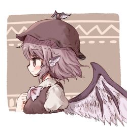 Rule 34 | 1girl, animal ears, arinu, bird ears, bird wings, blush, breasts, brown dress, brown hat, closed mouth, dress, feathered wings, from side, hat, highres, large breasts, mystia lorelei, pink eyes, pink hair, profile, shirt, short hair, sleeve garter, solo, touhou, upper body, white shirt, white wings, winged hat, wings