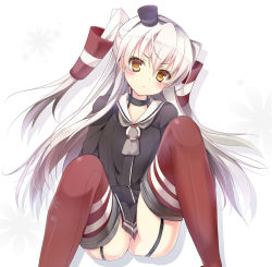 Rule 34 | 10s, 1girl, amatsukaze (kancolle), brown eyes, dress, garter straps, grey neckerchief, hair ornament, kaniya shiku, kaniyashiku, kantai collection, long hair, long sleeves, looking at viewer, neckerchief, no panties, personification, red thighhighs, sailor dress, short dress, silver hair, simple background, solo, thighhighs, twintails, two side up, white background