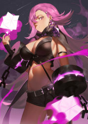 Rule 34 | 1girl, arm strap, belt, black shorts, breasts, chain, cleavage, cuffs, earrings, forever 7th capital, groin, hair ornament, hip bones, jewelry, large breasts, long hair, looking at viewer, midriff, navel, pink eyes, pink hair, scarf, shackles, short shorts, shorts, solo, standing, thighs, yunsang