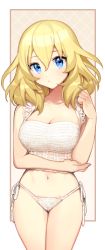 Rule 34 | 1girl, bikini, blonde hair, blue eyes, blush, border, breasts, brown border, cleavage, closed mouth, commentary, cowboy shot, frilled bikini, frills, girls und panzer, gradient background, hand in own hair, hand on own elbow, knit bikini, light frown, looking at viewer, medium breasts, medium hair, messy hair, navel, oshida (girls und panzer), outside border, side-tie bikini bottom, solo, standing, string bikini, swimsuit, tan (inka), tan background, white bikini