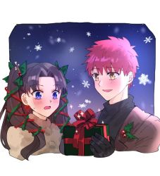 Rule 34 | 1boy, 1girl, appleale19, bad link, black hair, blue eyes, blush, christmas, christmas ornaments, emiya shirou, fate/stay night, fate (series), gift, holly, long hair, mistletoe, red hair, short hair, snow, snowflakes, snowing, tohsaka rin, twintails, two side up, yellow eyes