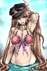 Rule 34 | 10s, 1girl, arm up, armpits, bikini, blue eyes, bokuso, bottomless, braid, breasts, brown hair, choker, cleavage, female focus, granblue fantasy, groin, hat, large breasts, lecia (granblue fantasy), light brown hair, long hair, looking at viewer, navel, open mouth, partially submerged, pink bikini, polka dot, polka dot bikini, polka dot swimsuit, purple eyes, single braid, smile, solo, standing, swimsuit, very long hair, wading, water