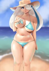 Rule 34 | 1girl, bikini, blue eyes, breasts, cowboy shot, creatures (company), game freak, grabbing own breast, hair over one eye, hat, highres, large breasts, long hair, mature female, melony (pokemon), navel, nintendo, plump, pokemon, pokemon swsh, solo, sun hat, swimsuit, thick thighs, thighs, white hair, wide hips, yotamono