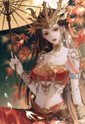 Rule 34 | 1girl, artist request, brown eyes, brown hair, cai lin (doupo cangqiong), closed mouth, collar, dark background, doupo cangqiong, earrings, expressionless, hair ornament, head tilt, highres, holding, holding umbrella, jewelry, leaf, light particles, long hair, maple leaf, metal collar, navel, red skirt, second-party source, skirt, solo, umbrella