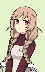 Rule 34 | 1girl, apron, braid, brown eyes, brown sweater, cloud, cloud hair ornament, commentary request, green background, grey apron, hamu koutarou, highres, kantai collection, light brown hair, long hair, looking at viewer, minegumo (kancolle), simple background, smile, solo, split mouth, sweater, turtleneck, twin braids, upper body