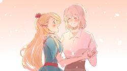 Rule 34 | 2girls, blonde hair, blue dress, bow, braid, closed eyes, closed mouth, collared shirt, commentary, dress, dungeon meshi, falin touden, falin touden (tallman), feathers, french braid, gradient background, green eyes, hair bow, hand on another&#039;s shoulder, hashtag-only commentary, highres, holding hands, light brown hair, light particles, lisedraw, long hair, marcille donato, multiple girls, open mouth, pink background, red bow, shirt, short hair, short sleeves, smile, upper body, white background, white shirt, yuri