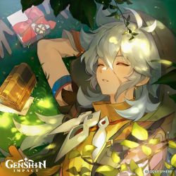 Rule 34 | 1boy, 1other, absurdres, box, branch, character request, closed eyes, commentary, day, ear piercing, english commentary, facial scar, genshin impact, gift, gift box, gloves, grass, grey hair, hair between eyes, highres, hood, hood up, leaf, logo, long hair, lying, male focus, official art, on back, orange gloves, outdoors, piercing, razor (genshin impact), scar, scar on cheek, scar on face, sleeping, solo, upper body