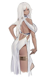 Rule 34 | 1girl, ass, azur lane, bare shoulders, breasts, cropped legs, dark-skinned female, dark skin, dress, echj, facial mark, forehead mark, highres, large breasts, long hair, looking at viewer, looking back, massachusetts (azur lane), massachusetts (dressed to impress) (azur lane), silver hair, simple background, sleeveless, sleeveless dress, solo, standing, very long hair, white background, white dress