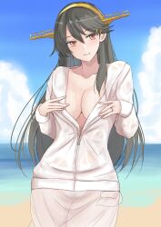 1girl absurdres alternate_costume bare_shoulders beach blue_sky blush breasts brown_eyes brown_hair cleavage cloud collarbone cowboy_shot day hair_between_eyes hairband haruna_(kancolle) haruna_kai_ni_(kancolle) headgear highres jewelry kantai_collection ken_(shutenndouji1) large_breasts long_finger long_hair long_sleeves looking_at_viewer navel no_bra ocean open_clothes open_mouth open_shirt outdoors rigging ring shirt sky solo water wet white_shirt