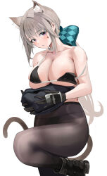Rule 34 | 1girl, absurdres, animal ear fluff, animal ears, ankle boots, areola slip, bare shoulders, black bra, black footwear, black gloves, black panties, black pantyhose, blush, boots, bra, breasts, cat ears, cat girl, cat tail, cleavage, collarbone, facial mark, genshin impact, gloves, grey hair, hair ornament, highres, large breasts, long hair, looking at viewer, lynette (genshin impact), panties, panties under pantyhose, pantyhose, parted lips, purple eyes, simple background, solo, star (symbol), star facial mark, tail, thighs, underboob, underwear, usagol7, white background