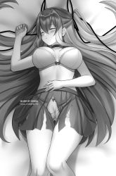 Rule 34 | 1girl, bra, breasts, cameltoe, choker, closed eyes, greyscale, hair ribbon, hair spread out, hand on own stomach, highres, lace, lace-trimmed bra, lace trim, large breasts, long hair, lying, miniskirt, monochrome, novel illustration, official art, on back, original, panties, parted lips, pleated skirt, ribbon, shouu-kun, skirt, sleeping, solo, thigh gap, thighs, torn clothes, torn skirt, two side up, underwear, very long hair