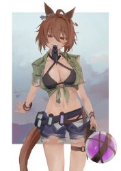 Rule 34 | 1girl, absurdres, agnes tachyon (lunatic lab) (umamusume), agnes tachyon (umamusume), ahoge, animal ears, bandolier, bikini, black bikini, border, bracelet, breasts, brown hair, cleavage, commentary, cowboy shot, criss-cross halter, denim, denim shorts, ear ornament, flask, gloves, green jacket, grin, hair between eyes, halterneck, highres, holding, holding flask, horse ears, horse girl, horse tail, jacket, jewelry, kii-kun (agnes tachyon) (umamusume), looking at viewer, medium breasts, mouth hold, navel, open fly, outdoors, red eyes, round-bottom flask, sei (bigaa), short hair, shorts, single glove, sleeves rolled up, smile, solo, swimsuit, tail, teeth, thigh strap, tied jacket, umamusume, white border