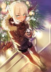 Rule 34 | 1girl, :o, alternate costume, blonde hair, blush, braid, can, canned coffee, drink can, dutch angle, french braid, fur-trimmed collar, fur trim, girls&#039; frontline, green eyes, highres, jacket, looking at viewer, pantyhose, pantyhose under shorts, shorts, solo, steam, ushi (newrein), v-shaped eyebrows, welrod mkii (girls&#039; frontline), winter, winter clothes