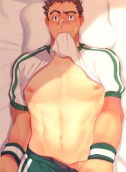 Rule 34 | 1boy, abs, bandaid, bandaid on cheek, bandaid on face, bandaid on nose, bara, bare pectorals, blue eyes, blush, brown hair, clothes lift, clothes pull, cowboy shot, dark-skinned male, dark skin, kihane atsusane, large pectorals, lifted by self, looking at viewer, lying, male focus, mouth hold, muscular, muscular male, nakatsugi kyuuma, navel, nipples, on back, on bed, pants, pants pull, pectorals, pulled by self, shirt lift, short hair, solo, textless version, tokyo houkago summoners, undressing