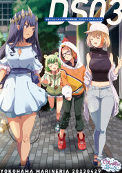 Rule 34 | 4girls, absurdres, animal ears, baseball cap, bear ears, black-framed eyewear, black footwear, black hair, black pants, black shirt, blue sash, blush, boots, braid, breasts, brown eyes, brown shorts, building, buttons, cardigan partially removed, chicken hood, city, cleavage, cleavage cutout, closed eyes, clothing cutout, commentary request, demon girl, demon tail, dress, flat chest, frilled sleeves, frills, full body, fur-trimmed shorts, fur trim, glasses, green hair, green hoodie, grey dress, grey pants, grey sweater, hair ornament, hairclip, hat, highres, hinokuma ran, hood, hood up, hoodie, jewelry, kazami kuku, kichihachi, lace, lace-trimmed shirt, lace trim, large breasts, light brown hair, long hair, long sleeves, looking at another, looking back, medium bangs, midriff, multicolored hair, multiple girls, nanashi inc., navel, necklace, off-shoulder dress, off shoulder, official alternate costume, open fly, open mouth, orange hair, orange hoodie, outdoors, pants, pointy ears, red eyes, red footwear, red hair, running bond, sash, second-party source, shimamura charlotte, shirt, shoes, short hair, short sleeves, shorts, sidelocks, sleeveless, sleeveless shirt, smile, sweater, tail, tan, touri sei, touri sei (2nd costume), tree, turtleneck, two-tone hair, virtual youtuber, walking, white headwear, zipper