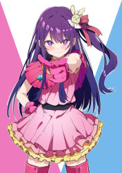 Rule 34 | 1girl, blush, gloves, hair ornament, hand on own hip, highres, hoshino ai (oshi no ko), long hair, noa (nagareboshi), oshi no ko, pink gloves, pink thighhighs, pointing, pointing at viewer, purple eyes, purple hair, side ponytail, smile, solo, star-shaped pupils, star (symbol), symbol-shaped pupils, thighhighs