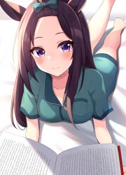 Rule 34 | 1girl, alternate costume, alternate hairstyle, bed, blush, book, breasts, brown hair, collarbone, commentary request, forehead, highres, holding, holding book, horse girl, long hair, looking at viewer, lying, medium breasts, mejiro dober (umamusume), on stomach, pajamas, purple eyes, ribbon, smile, solo, umamusume, white background, zeatto