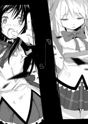 Rule 34 | 10s, 2girls, akemi homura, bad id, bad pixiv id, cover, cover page, greyscale, kaname madoka, magical girl, mahou shoujo madoka magica, mahou shoujo madoka magica (anime), monochrome, multiple girls, open mouth, outstretched hand, pantyhose, pride chicken, reaching, school uniform, tears, thighhighs