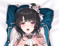 Rule 34 | 1girl, arms up, ascot, bed sheet, beret, black gloves, black hair, blue hat, blush, breasts, dakimakura (medium), gloves, hat, hayakawa akari, kantai collection, large breasts, long sleeves, looking at viewer, lying, military, military uniform, on back, open clothes, open mouth, pink eyes, red eyes, sheet grab, solo, sweat, takao (kancolle), uniform, upper body