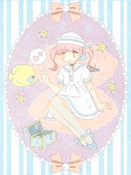 Rule 34 | 1girl, absurdres, air bubble, blue footwear, blush, bow, bubble, dress, fish, fish request, hat, heart, highres, jewelry, long hair, necklace, no nose, noeru (noellemonade), open mouth, original, pink bow, pink eyes, pink hair, puffy short sleeves, puffy sleeves, sailor collar, sailor dress, sailor hat, shell, short sleeves, solo, speech bubble, star (symbol), striped, striped background, treasure chest, tropical fish, twintails