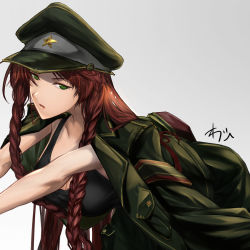 Rule 34 | 1girl, adapted costume, bare arms, black shirt, braid, breasts, cleavage, commentary request, green eyes, green hat, hat, highres, hong meiling, jacket, jacket on shoulders, long hair, looking at viewer, military, military hat, military jacket, military uniform, oregano (olgn eao), peaked cap, red hair, shirt, solo, tank top, touhou, twin braids, uniform, white background