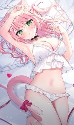 1girl animal_ears armpits bell black_choker blush bow breasts camisole cat_ears cat_girl cat_tail choker cleavage frilled_panties frilled_pillow frills from_above green_eyes hamico haruka_(hamico) highres looking_at_viewer lying medium_breasts navel neck_bell on_back on_bed original panties pillow pink_hair solo swept_bangs tail tail_bow tail_ornament underwear