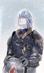 Rule 34 | 1boy, armor, bearcherry, blue eyes, blurry, chainmail, closed mouth, depth of field, earclip, elezen, elf, final fantasy, final fantasy xiv, gloves, grey gloves, haurchefant greystone, highres, holding, holding shield, male focus, medium hair, pointy ears, shield, silver hair, snowing, soft focus, solo, upper body, vambraces