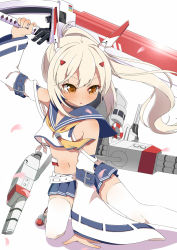 Rule 34 | 1girl, ayanami (azur lane), azur lane, brown eyes, choker, commentary request, detached sleeves, hair ornament, hairpin, headgear, holding, holding sword, holding weapon, long hair, machinery, navel, parted lips, petals, pleated skirt, ponytail, remodel (azur lane), school uniform, serafuku, silver hair, simple background, skirt, solo, sword, thighhighs, torpedo tubes, turret, weapon, white thighhighs, wind, yuimari, zettai ryouiki