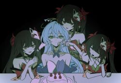 Rule 34 | 4girls, @ @, bare shoulders, bell, belt, black background, black choker, black hair, black sash, blue hair, cake, cake slice, choker, clenched hand, closed eyes, closed mouth, collarbone, detached sleeves, dress, feathered wings, flower knot, food, fork, fox mask, fruit, green eyes, hair between eyes, hair ornament, half-closed eyes, halo, hand on own face, hand up, hands up, head wings, highres, holding, holding fork, honkai: star rail, honkai (series), knife, long hair, long sleeves, looking at another, looking at food, looking down, mask, mask on head, mole, mole under each eye, mole under eye, multiple girls, multiple moles, multiple persona, neck bell, open mouth, own hands together, plate, purple dress, purple eyes, red dress, robin (honkai: star rail), sash, short sleeves, sidelocks, simple background, sitting, sleeveless, sleeveless dress, smile, sou (syuuo), sparkle (honkai: star rail), standing, strawberry, sweatdrop, table, twintails, two-tone dress, white dress, wings, x hair ornament, yellow belt