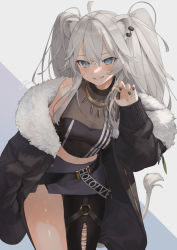 Rule 34 | 1girl, ahoge, animal ears, bare shoulders, black jacket, black nails, black pantyhose, black shirt, claw pose, cleavage, commentary, cowboy shot, crop top, fur-trimmed jacket, fur trim, gotou (nekocat), grey eyes, grey skirt, grin, hand up, highres, hololive, jacket, jewelry, lion ears, long hair, looking at viewer, midriff, miniskirt, nail polish, navel, necklace, o-ring, off shoulder, pantyhose, see-through, see-through cleavage, shirt, shishiro botan, shishiro botan (1st costume), silver hair, single leg pantyhose, skirt, smile, solo, standing, thighs, two side up, virtual youtuber