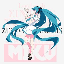 Rule 34 | 1girl, bad id, bad pixiv id, bare legs, black footwear, blue eyes, blue hair, blue necktie, blush, character name, collared shirt, dress, full body, hair between eyes, hatsune miku, headgear, headphones, hymn lee, long hair, looking at watch, matching hair/eyes, necktie, no legwear, polka dot, polka dot neckwear, shirt, shoes, skirt, solo, standing, text background, text focus, twintails, very long hair, vocaloid, watch, white dress, white skirt, wristwatch