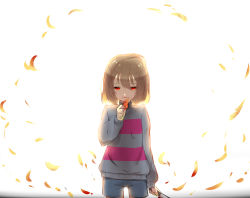 Rule 34 | absurdres, androgynous, backlighting, bad id, bad pixiv id, blood, bloody knife, bloody weapon, brown hair, cowboy shot, dark persona, expressionless, frisk (undertale), gender request, half-closed eyes, highres, knife, long sleeves, looking at viewer, parted lips, petals, red eyes, short hair, shorts, simple background, solo, ss0l (skghek), striped clothes, striped sweater, sweater, tears, undertale, weapon, white background
