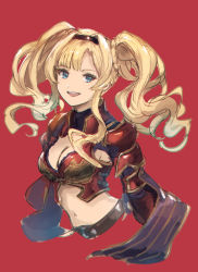 Rule 34 | 1girl, :d, armor, black hairband, blonde hair, blue eyes, braid, breastplate, breasts, cleavage, cleavage cutout, clothing cutout, cropped torso, floating hair, granblue fantasy, hair intakes, hairband, highres, long hair, looking at viewer, medium breasts, midriff, navel, open mouth, pauldrons, red background, shimatani azu, shoulder armor, simple background, sketch, smile, solo, stomach, twintails, upper body, zeta (granblue fantasy)