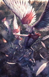 Rule 34 | 3girls, 6+boys, armor, arrow (projectile), carrying, commentary request, fantasy, feathered wings, feathers, fire, forest, from above, harpy, helmet, long hair, monster girl, multiple boys, multiple girls, nature, noba, outdoors, pixiv fantasia, pixiv fantasia last saga, red hair, signature, winged arms, wings