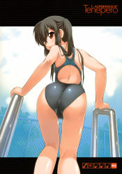 Rule 34 | 00s, 1girl, absurdres, ass, bakutendou, black hair, blush, brown eyes, cameltoe, chain-link fence, competition swimsuit, day, fence, from behind, from below, highres, k-on!, kneepits, legs, long hair, looking back, nakano azusa, one-piece swimsuit, outdoors, pool, pool ladder, poolside, shiny clothes, sky, solo, swimsuit, twintails, wet