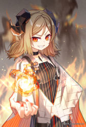 Rule 34 | 1girl, alalen, arknights, artist name, black choker, black dress, blonde hair, choker, clenched teeth, collarbone, dated, demon horns, dress, fire, grey background, grin, hand up, highres, horns, ifrit (arknights), jacket, looking at viewer, nail polish, orange nails, originium arts (arknights), red eyes, short hair, short twintails, smile, teeth, twintails, upper body, v-shaped eyebrows, white jacket