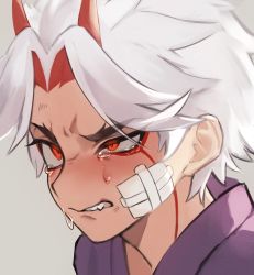 Rule 34 | 1boy, alternate hair length, alternate hairstyle, arataki itto, blush, crying, facepaint, fang, furrowed brow, gauze, genshin impact, half-closed eye, highres, horns, japanese clothes, male focus, multicolored hair, portrait, red eyes, red hair, red horns, simple background, solo, tears, thick eyebrows, wamosukeda, white hair