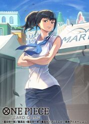 Rule 34 | 1girl, aged down, black hair, blue neckerchief, commentary request, copyright name, crossed arms, earrings, eyelashes, jewelry, leaf, leg tattoo, neckerchief, official art, one piece, otton, pants, ponytail, shirt, sky, sleeveless, solo, tattoo, tsuru (one piece), white shirt, wind